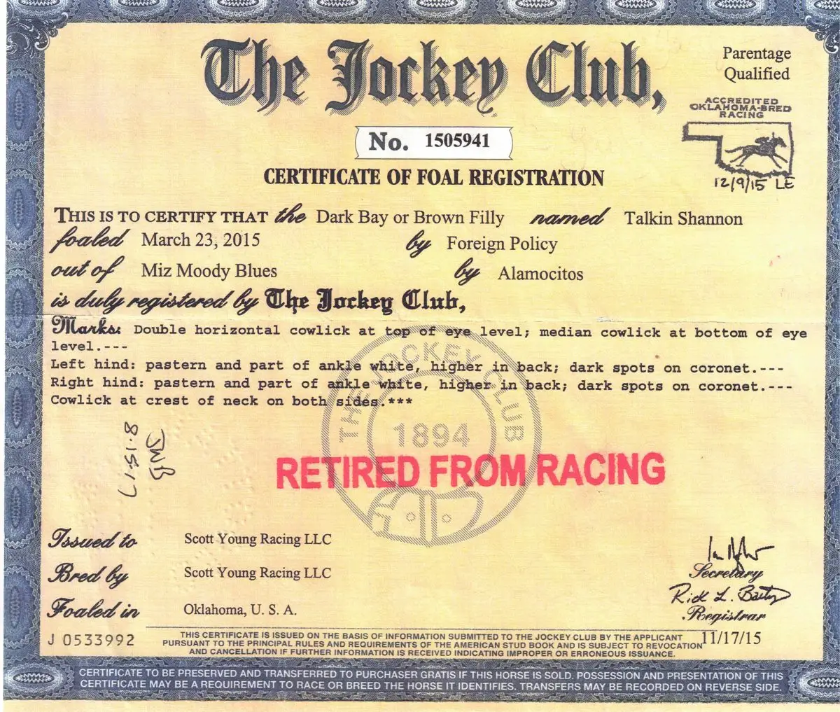 Talkin Shannon - The Jockey Club - Certificate of Foal Registration